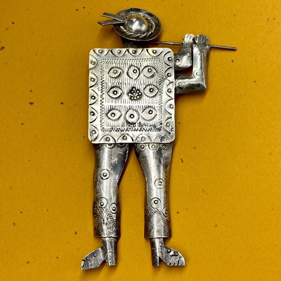 Vintage Jewelry - Vintage Sterling Silver Peruvian Brooch Flute Player in Ethnic Dress Stamped 925
